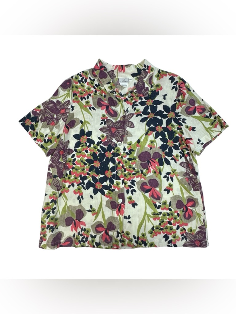 Hot Cotton 100% Linen Ivory Floral Print Button Down Top XL - Picture 4 of 8